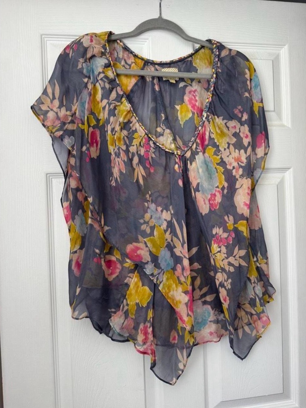 Postella Sheer Floral V-Neck Blouse in Gray with Pink & Yellow Flowers